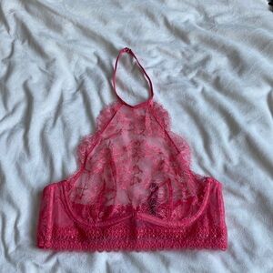 Victoria’s Secret Sheer Lace Halter Bralette Hot Pink 34B Y2K Lingerie Aesthetic